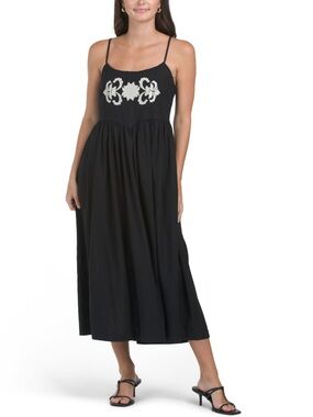 NICOLE MILLER Black Spaghetti Strap Embroidered Midi Summer Dress--NWT--8